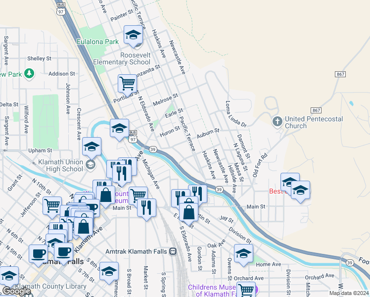 map of restaurants, bars, coffee shops, grocery stores, and more near 1957 Auburn Street in Klamath Falls