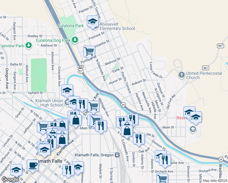 map of restaurants, bars, coffee shops, grocery stores, and more near 517 North Eldorado Avenue in Klamath Falls