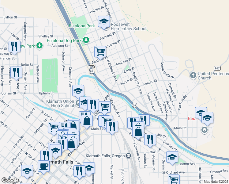 map of restaurants, bars, coffee shops, grocery stores, and more near 601 North Alameda Avenue in Klamath Falls