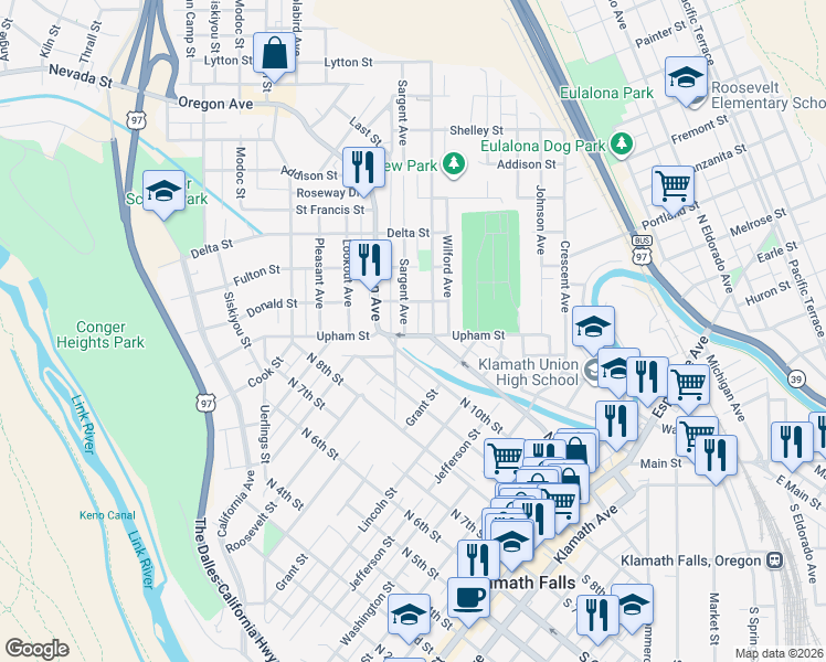 map of restaurants, bars, coffee shops, grocery stores, and more near 1330 Sargent Avenue in Klamath Falls