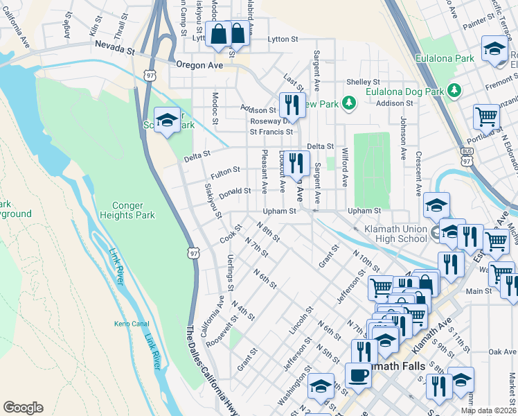 map of restaurants, bars, coffee shops, grocery stores, and more near 1325 Pleasant Avenue in Klamath Falls