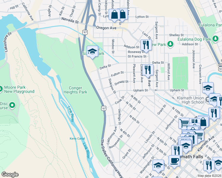 map of restaurants, bars, coffee shops, grocery stores, and more near 414 Donald Street in Klamath Falls