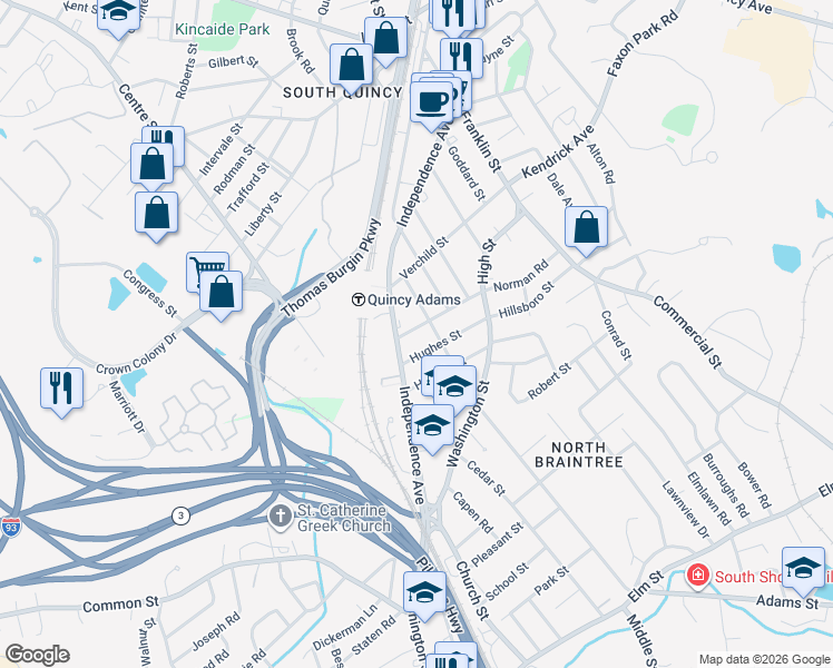 map of restaurants, bars, coffee shops, grocery stores, and more near 194 Independence Avenue in Quincy