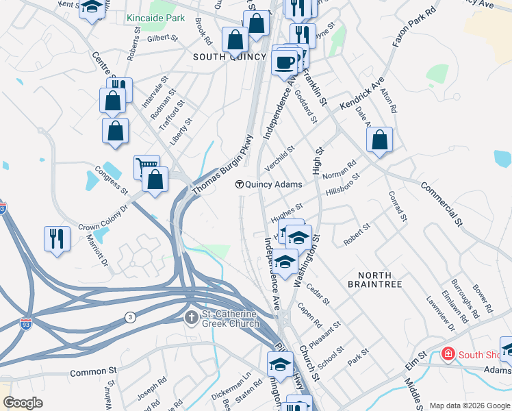 map of restaurants, bars, coffee shops, grocery stores, and more near 194 Independence Avenue in Quincy