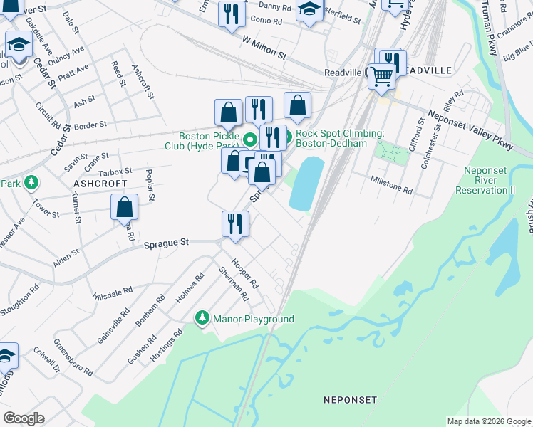 map of restaurants, bars, coffee shops, grocery stores, and more near 29 McDonald Street in Dedham