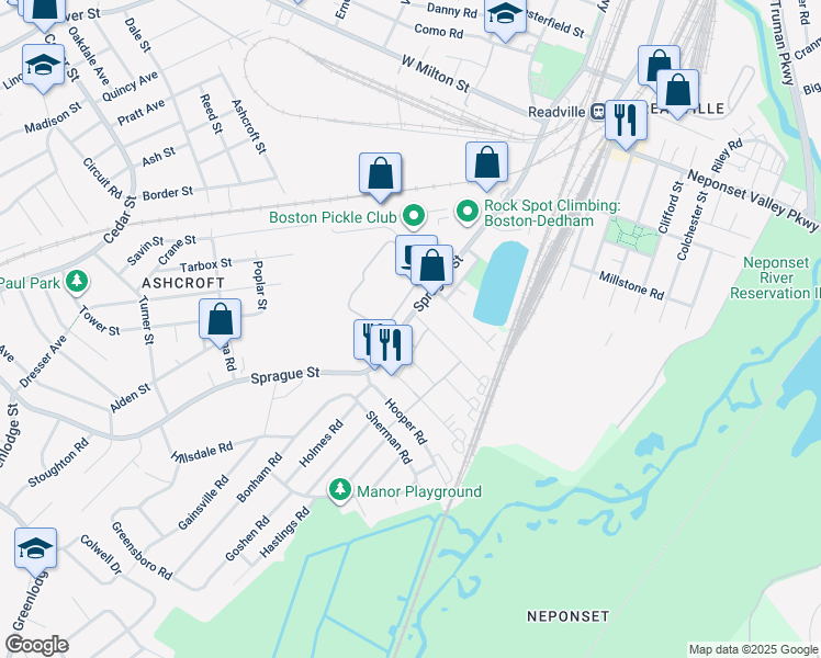 map of restaurants, bars, coffee shops, grocery stores, and more near 483 Sprague Street in Dedham