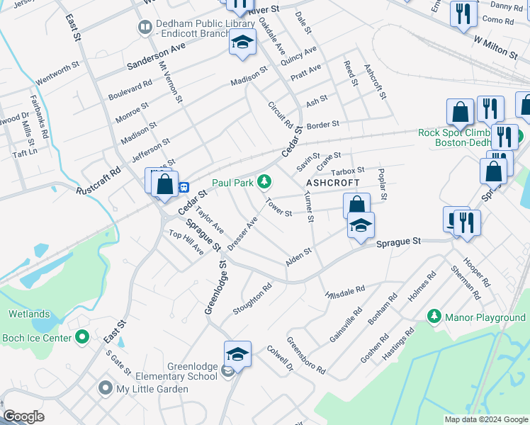 map of restaurants, bars, coffee shops, grocery stores, and more near 38 Beech Street in Dedham