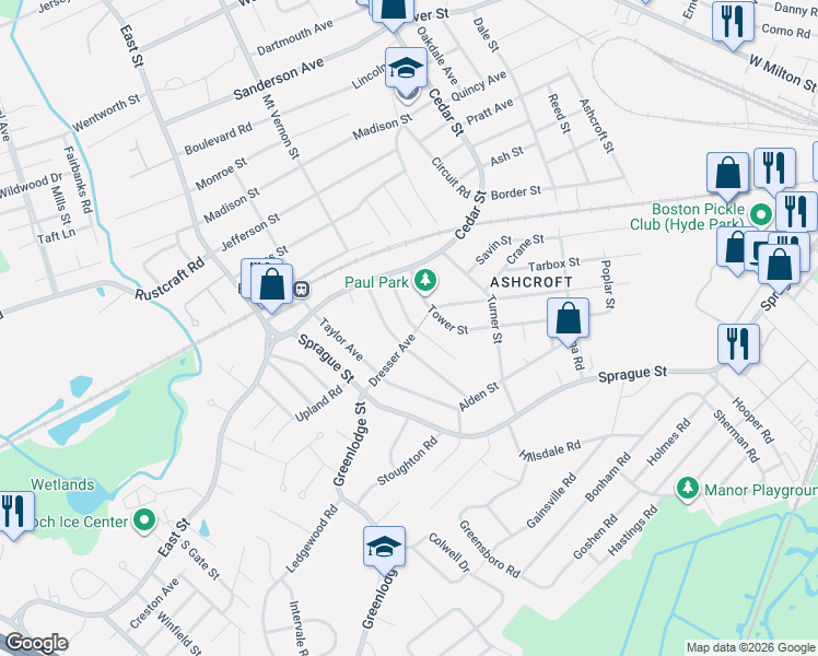 map of restaurants, bars, coffee shops, grocery stores, and more near 38 Beech Street in Dedham