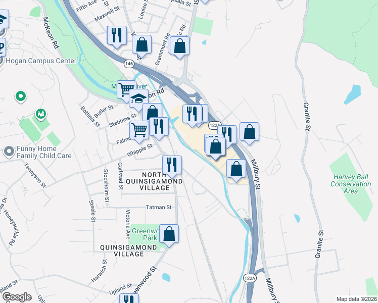 map of restaurants, bars, coffee shops, grocery stores, and more near in Worcester