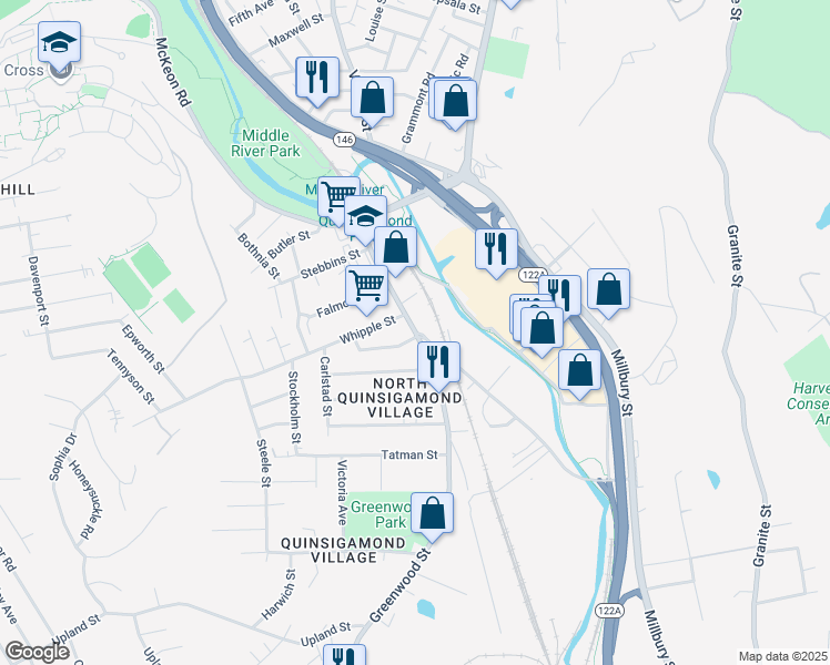 map of restaurants, bars, coffee shops, grocery stores, and more near 56 Blackstone River Road in Worcester