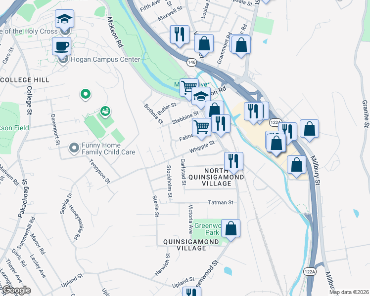 map of restaurants, bars, coffee shops, grocery stores, and more near 29 Falmouth Street in Worcester