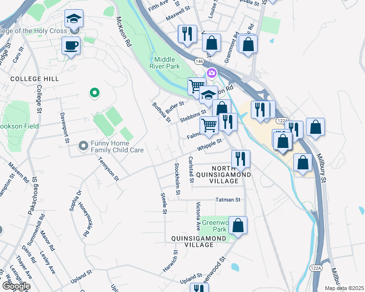 map of restaurants, bars, coffee shops, grocery stores, and more near 2 Arline Street in Worcester