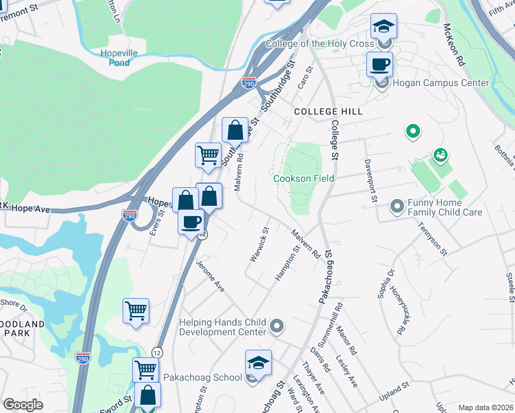 map of restaurants, bars, coffee shops, grocery stores, and more near 47 Heath Street in Worcester