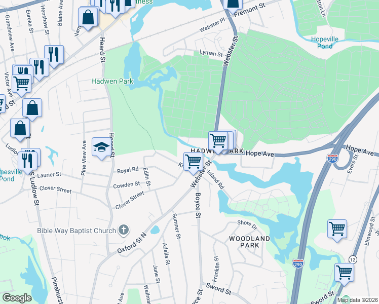 map of restaurants, bars, coffee shops, grocery stores, and more near 30 Meena Drive in Worcester