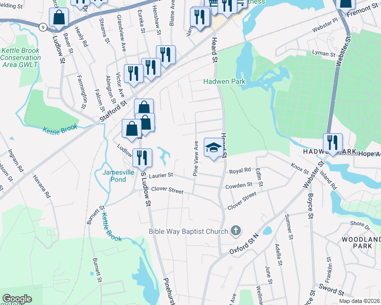 map of restaurants, bars, coffee shops, grocery stores, and more near 74 Pine View Avenue in Worcester