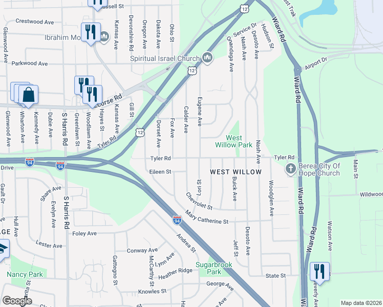 map of restaurants, bars, coffee shops, grocery stores, and more near 830 Calder Avenue in Ypsilanti