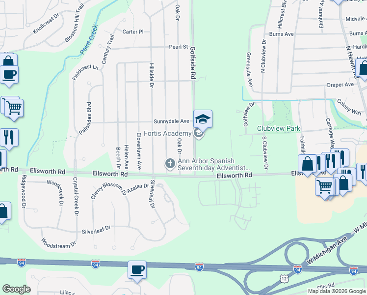 map of restaurants, bars, coffee shops, grocery stores, and more near 3880 Golfside Road in Ypsilanti