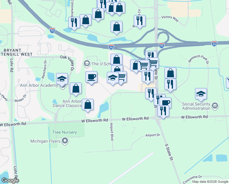 map of restaurants, bars, coffee shops, grocery stores, and more near 806 Airport Boulevard in Ann Arbor