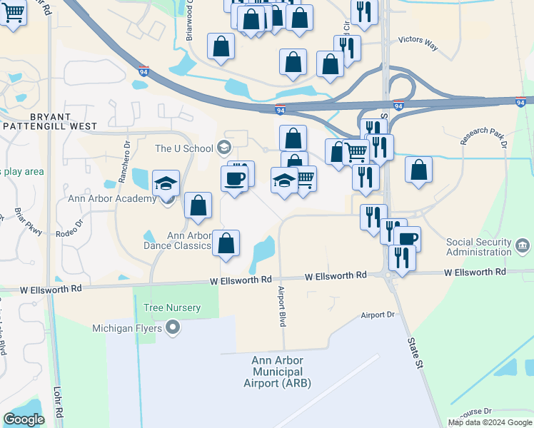 map of restaurants, bars, coffee shops, grocery stores, and more near 3758-3820 Plaza Dr in Ann Arbor