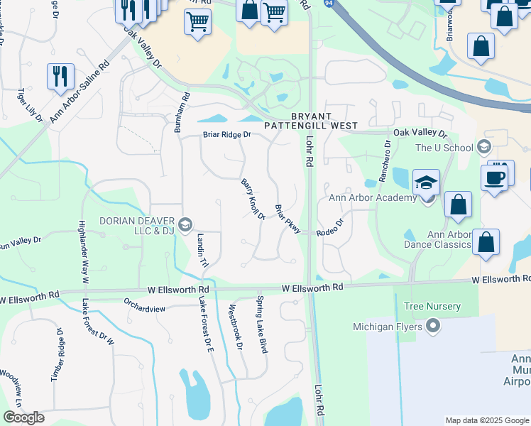 map of restaurants, bars, coffee shops, grocery stores, and more near 3769 Barry Knoll Drive in Ann Arbor