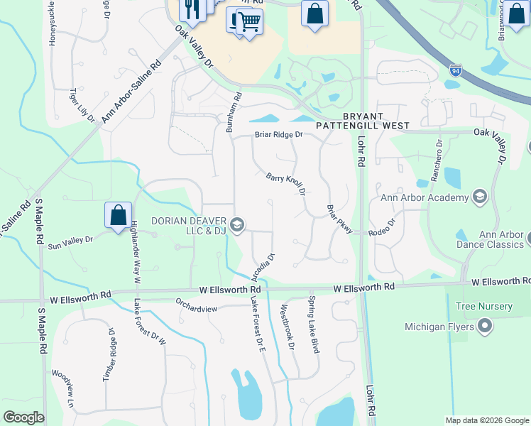 map of restaurants, bars, coffee shops, grocery stores, and more near 3741 Arcadia Drive in Ann Arbor