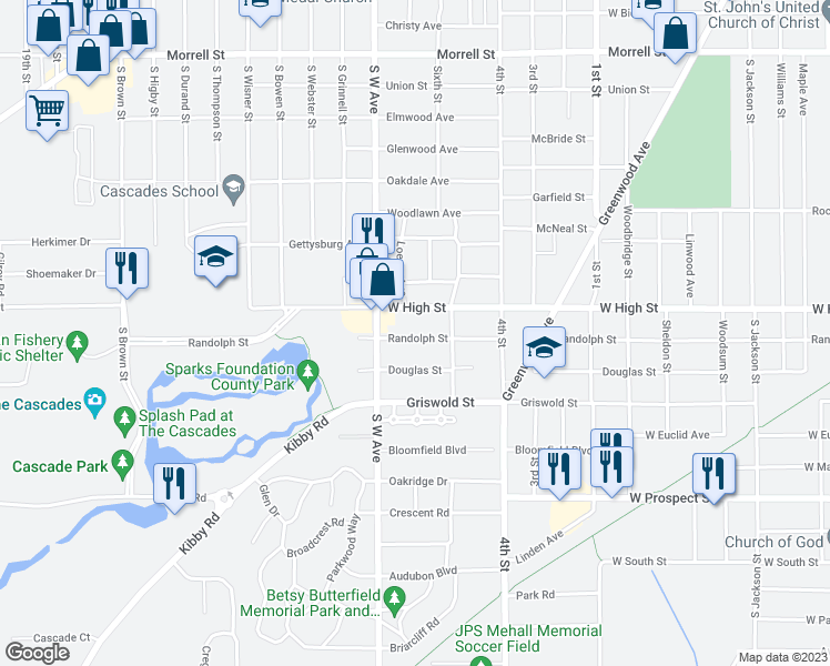 map of restaurants, bars, coffee shops, grocery stores, and more near 748 Randolph Street in Jackson