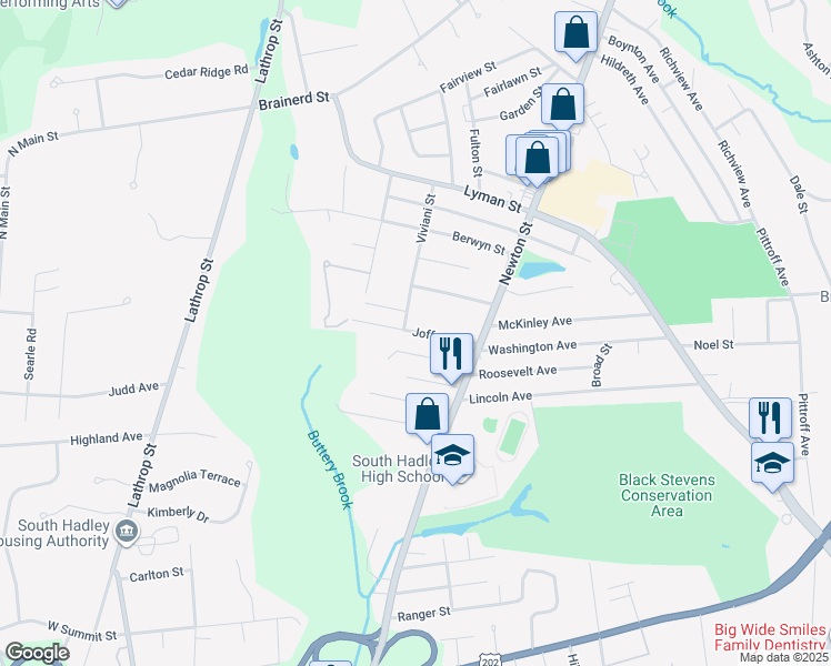 map of restaurants, bars, coffee shops, grocery stores, and more near 45 Joffre Avenue in South Hadley