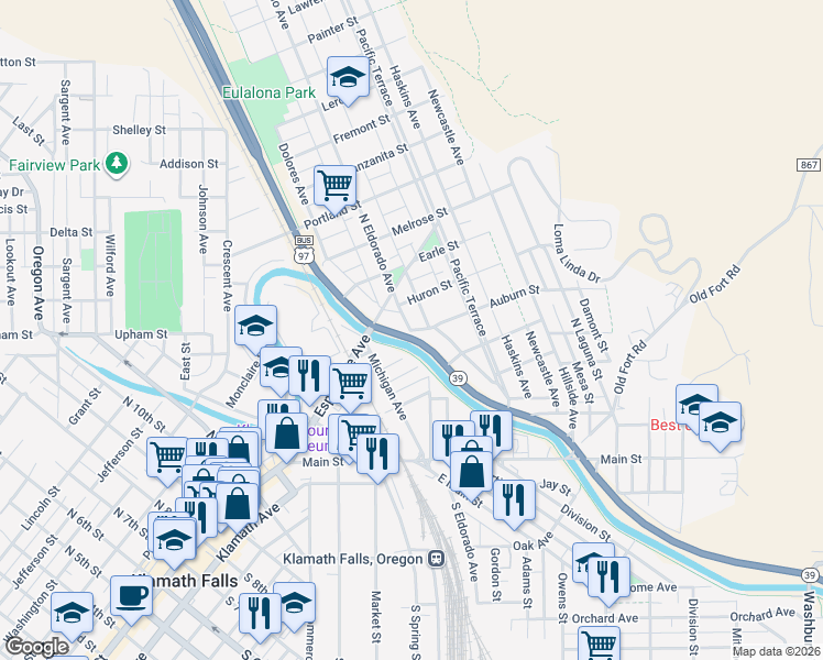 map of restaurants, bars, coffee shops, grocery stores, and more near 503 Crater Lake Parkway in Klamath Falls