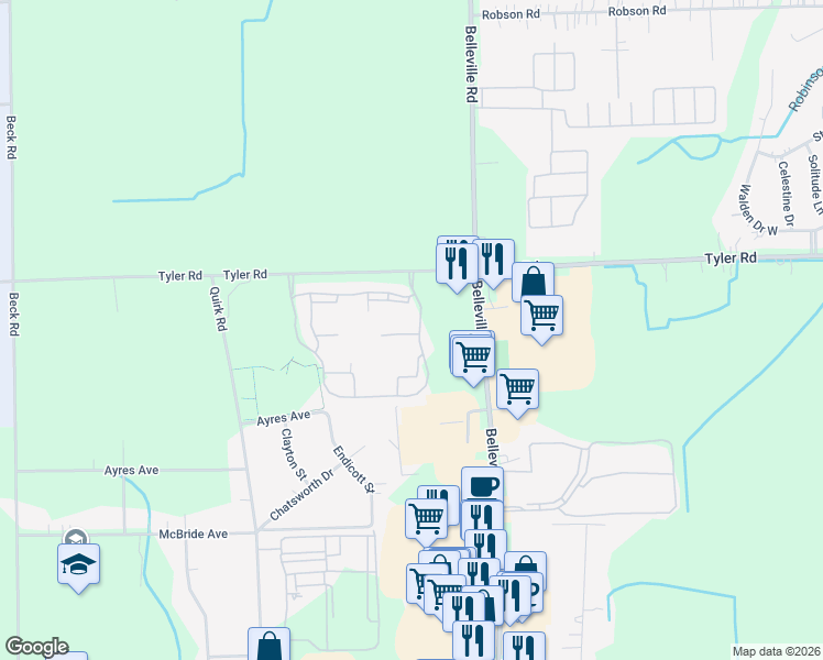 map of restaurants, bars, coffee shops, grocery stores, and more near 45703 Wildrye Court in Van Buren Charter Township