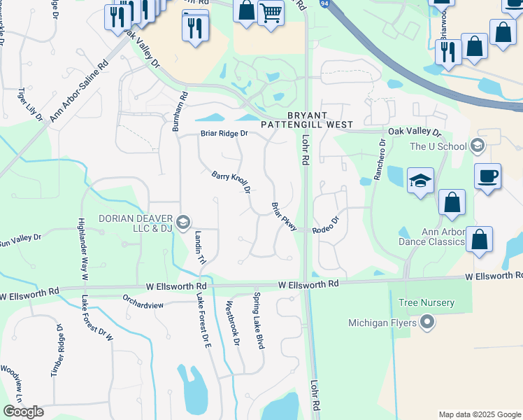 map of restaurants, bars, coffee shops, grocery stores, and more near 3757 Barry Knoll Drive in Ann Arbor