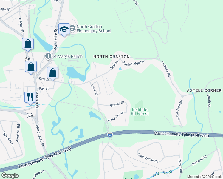 map of restaurants, bars, coffee shops, grocery stores, and more near 30 Kaye Circle in Grafton