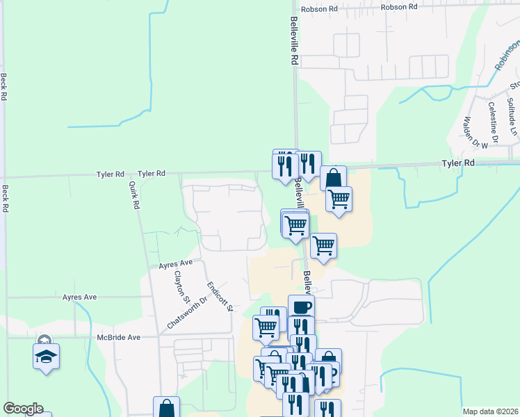 map of restaurants, bars, coffee shops, grocery stores, and more near 45703 Wildrye Court in Van Buren Charter Township