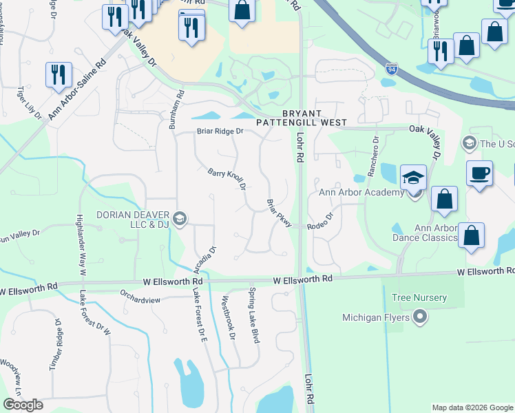 map of restaurants, bars, coffee shops, grocery stores, and more near 3769 Barry Knoll Drive in Ann Arbor