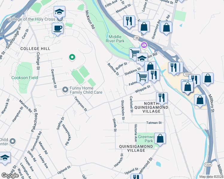 map of restaurants, bars, coffee shops, grocery stores, and more near 14 Beckman Street in Worcester