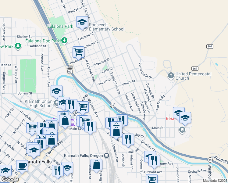 map of restaurants, bars, coffee shops, grocery stores, and more near 428 Pacific Terrace in Klamath Falls