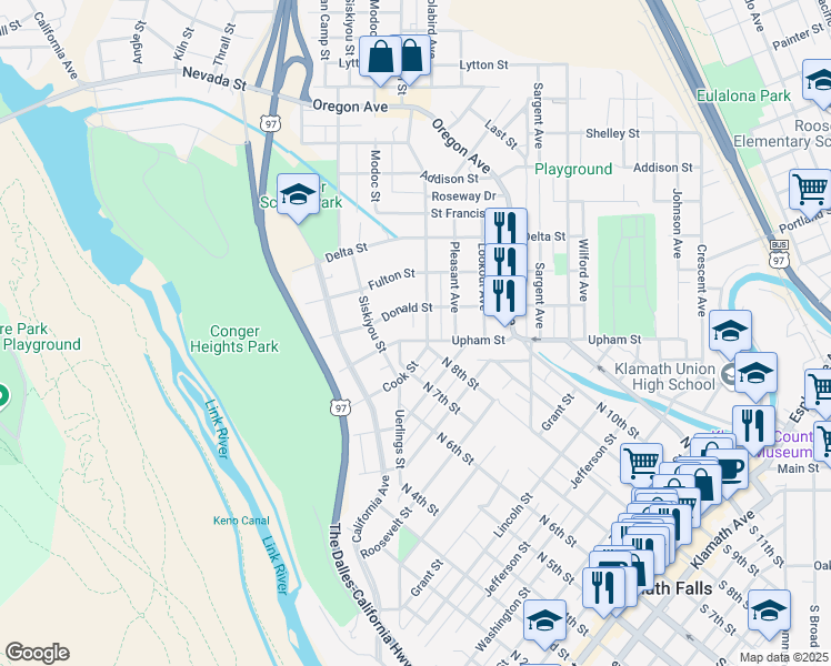 map of restaurants, bars, coffee shops, grocery stores, and more near 527 Upham Street in Klamath Falls