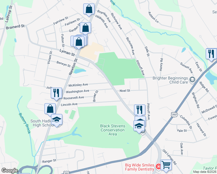 map of restaurants, bars, coffee shops, grocery stores, and more near 70 Washington Avenue in South Hadley