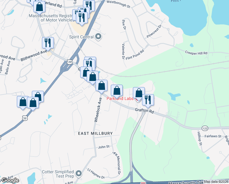 map of restaurants, bars, coffee shops, grocery stores, and more near 14 Maplewood Road in Millbury