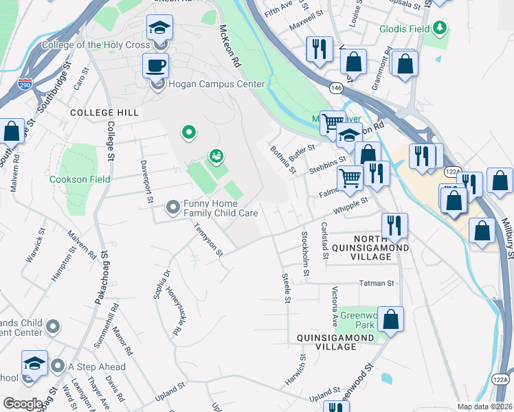 map of restaurants, bars, coffee shops, grocery stores, and more near 21 North Steele Street in Worcester