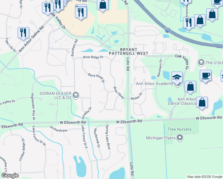 map of restaurants, bars, coffee shops, grocery stores, and more near 3769 Barry Knoll Drive in Ann Arbor
