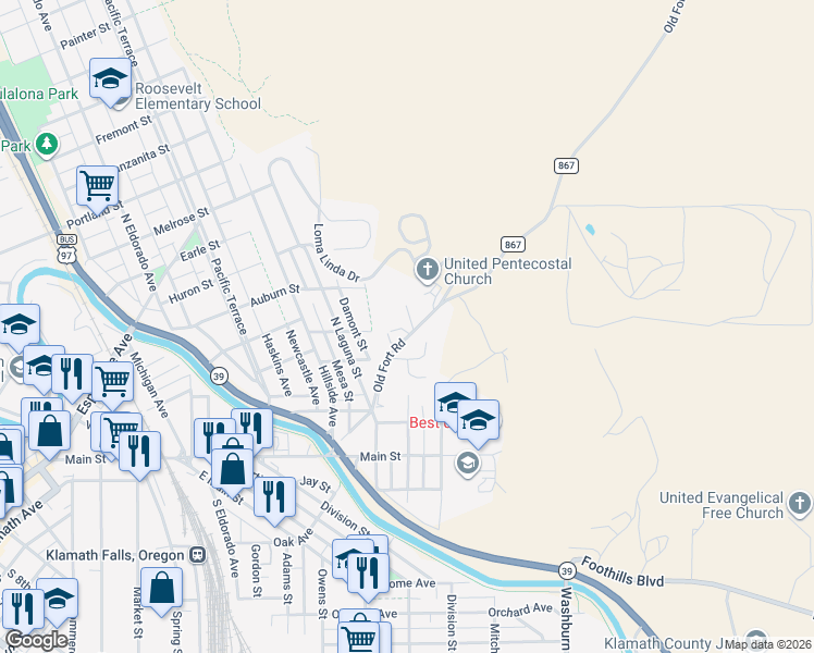 map of restaurants, bars, coffee shops, grocery stores, and more near 412 North Wendling Street in Klamath Falls