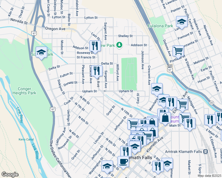 map of restaurants, bars, coffee shops, grocery stores, and more near 1323 Worden Avenue in Klamath Falls