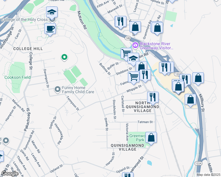 map of restaurants, bars, coffee shops, grocery stores, and more near 2 Arline Street in Worcester