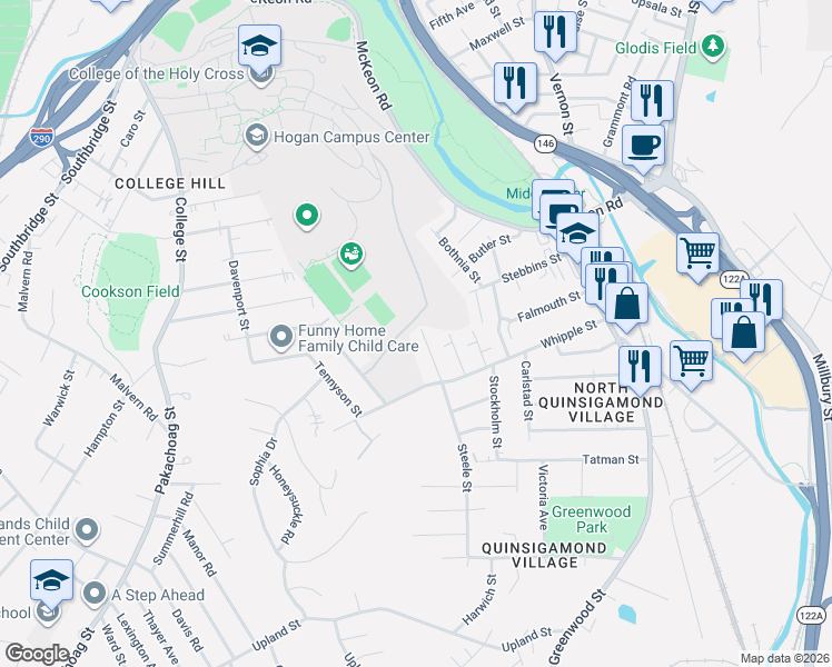 map of restaurants, bars, coffee shops, grocery stores, and more near 21 North Steele Street in Worcester
