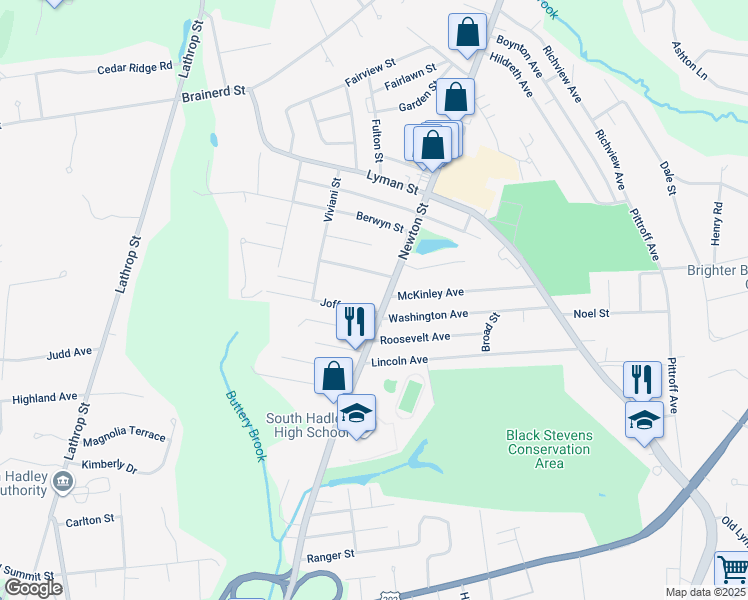 map of restaurants, bars, coffee shops, grocery stores, and more near 390 Massachusetts 116 in South Hadley