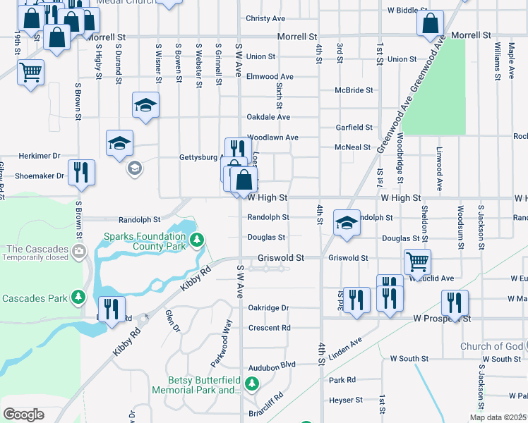 map of restaurants, bars, coffee shops, grocery stores, and more near 745 West High Street in Jackson