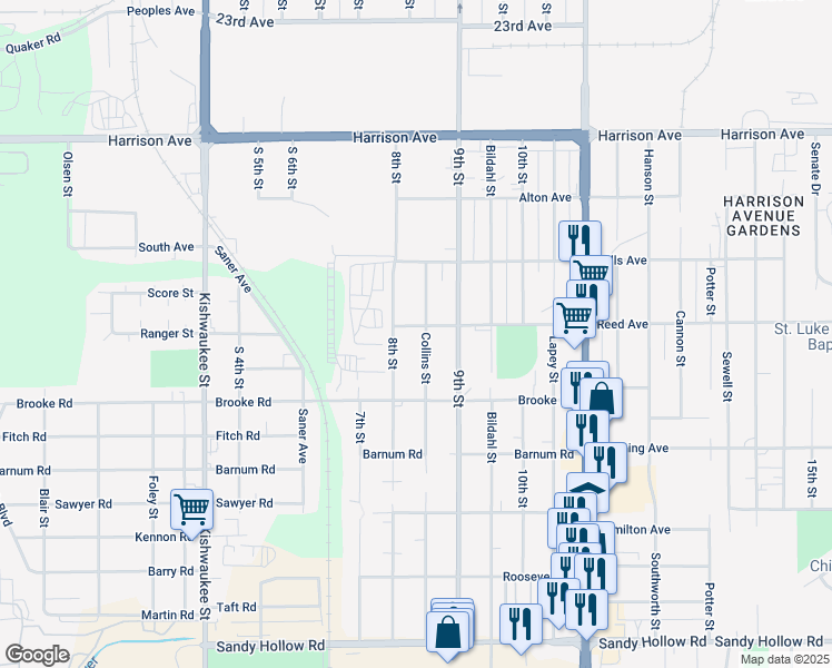 map of restaurants, bars, coffee shops, grocery stores, and more near 2845 Collins Street in Rockford