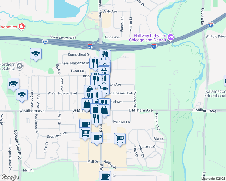 map of restaurants, bars, coffee shops, grocery stores, and more near 122 Boston Avenue in Portage