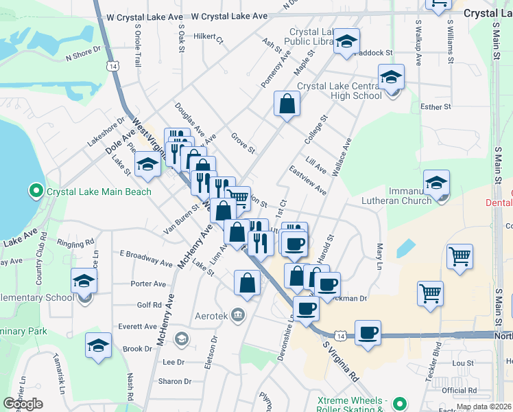 map of restaurants, bars, coffee shops, grocery stores, and more near 266 Union Street in Crystal Lake
