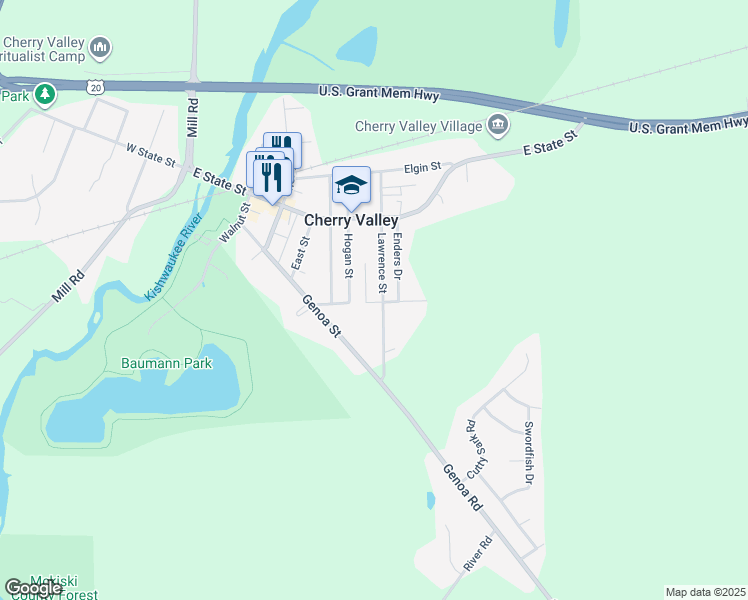 map of restaurants, bars, coffee shops, grocery stores, and more near 155 Lawrence Street in Cherry Valley
